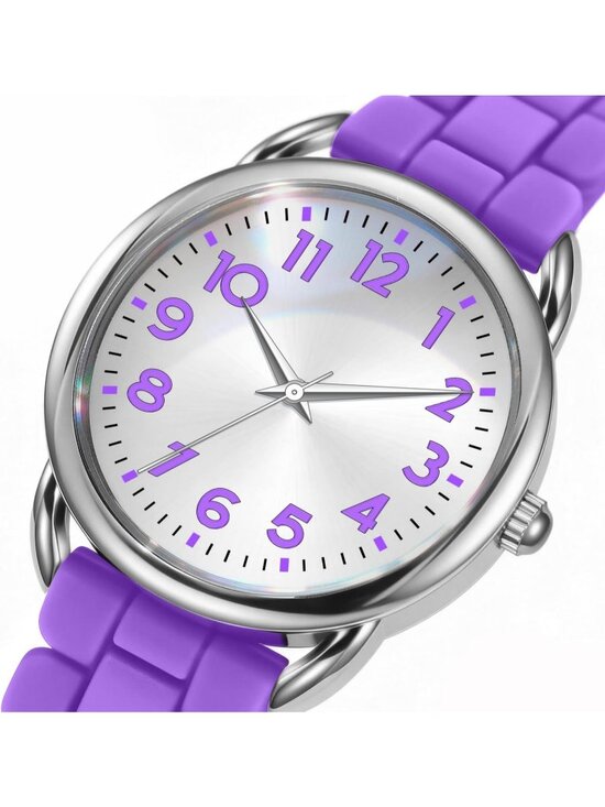 Women\'s Purple White Big Face Easy Reader Silicone Strap Waterproof 35MM Watch main image 5